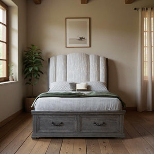 HomeRoots Gray Distressed Wood King Bed Frame with Upholstered Headboard & Under-Bed Drawers for Storage 634105