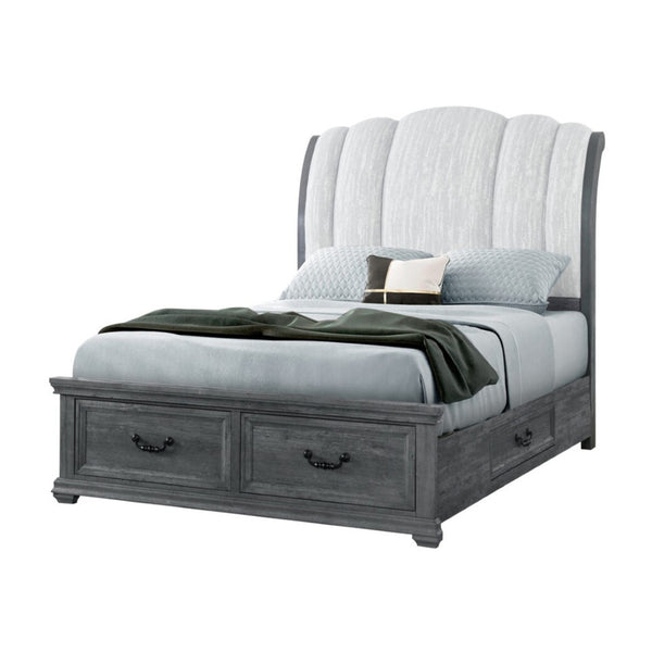HomeRoots Gray Distressed Wood King Bed Frame with Upholstered Headboard & Under-Bed Drawers for Storage 634105