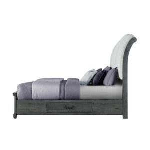 HomeRoots Gray Distressed Wood King Bed Frame with Upholstered Headboard & Under-Bed Drawers for Storage 634105