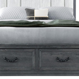 HomeRoots Gray Distressed Wood King Bed Frame with Upholstered Headboard & Under-Bed Drawers for Storage 634105