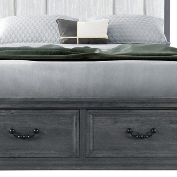 HomeRoots Gray Distressed Wood King Bed Frame with Upholstered Headboard & Under-Bed Drawers for Storage 634105