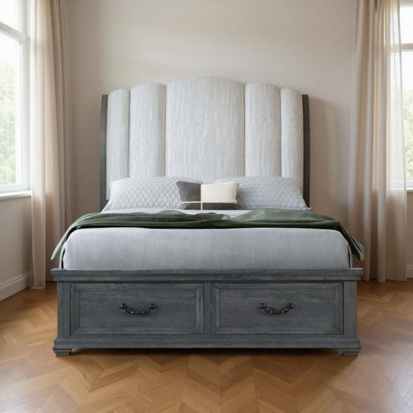 HomeRoots Gray Distressed Wood Upholstered Queen Bed Frame with Storage Drawers for Rustic Charm & Comfort 634106
