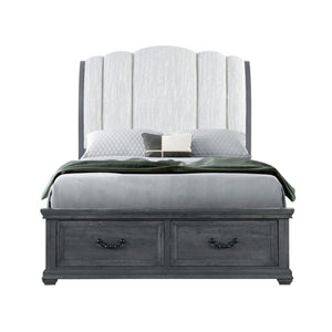 HomeRoots Gray Distressed Wood Upholstered Queen Bed Frame with Storage Drawers for Rustic Charm & Comfort 634106