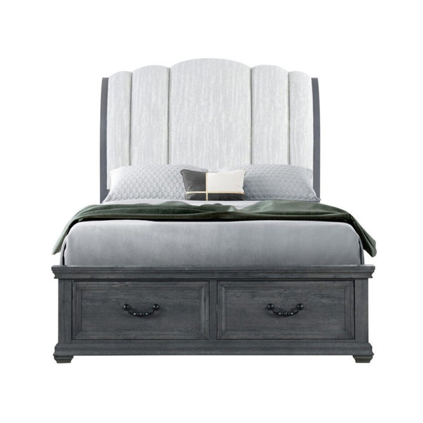 HomeRoots Gray Distressed Wood Upholstered Queen Bed Frame with Storage Drawers for Rustic Charm & Comfort 634106