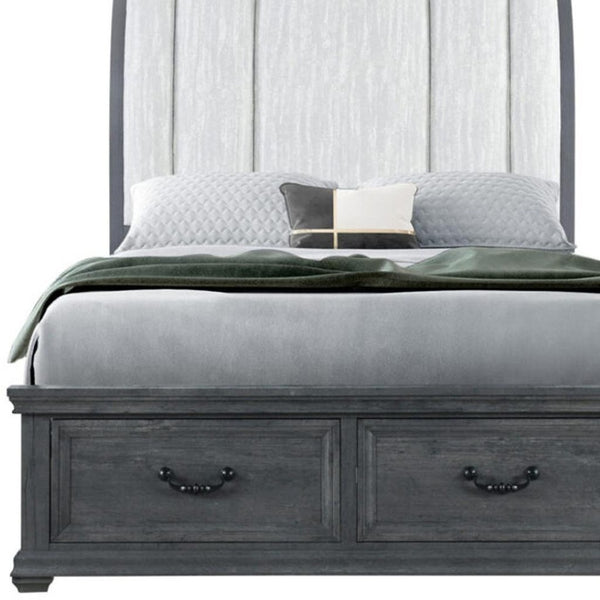 HomeRoots Gray Distressed Wood Upholstered Queen Bed Frame with Storage Drawers for Rustic Charm & Comfort 634106