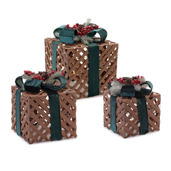 HomeRoots Set of Three Brown and Green Decorative Keepsake Boxes with LED Glow - Stylish Storage Solution 634110