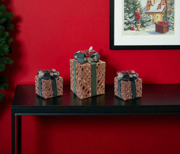 HomeRoots Set of Three Brown and Green Decorative Keepsake Boxes with LED Glow - Stylish Storage Solution 634110