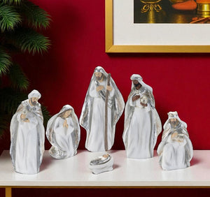 HomeRoots Set of Six Elegant White and Silver Resin Nativity Figurines for Timeless Holiday Décor and Gifting 634114