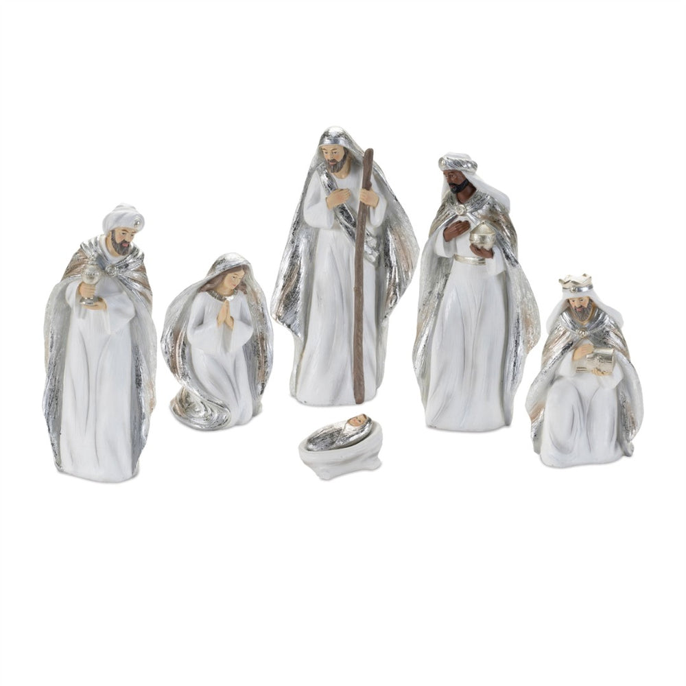 HomeRoots Set of Six Elegant White and Silver Resin Nativity Figurines for Timeless Holiday Décor and Gifting 634114