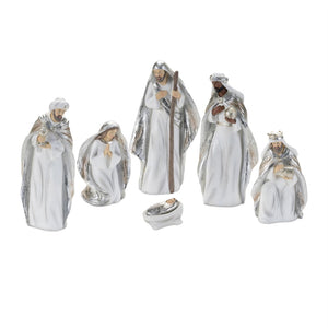 HomeRoots Set of Six Elegant White and Silver Resin Nativity Figurines for Timeless Holiday Décor and Gifting 634114