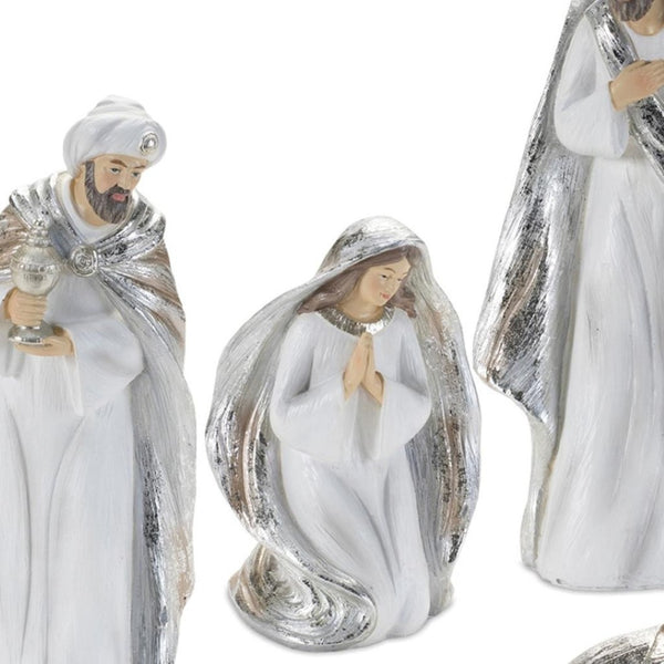HomeRoots Set of Six Elegant White and Silver Resin Nativity Figurines for Timeless Holiday Décor and Gifting 634114