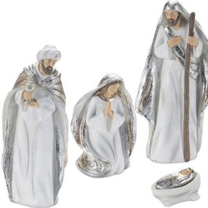 HomeRoots Set of Six Elegant White and Silver Resin Nativity Figurines for Timeless Holiday Décor and Gifting 634114