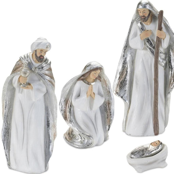 HomeRoots Set of Six Elegant White and Silver Resin Nativity Figurines for Timeless Holiday Décor and Gifting 634114