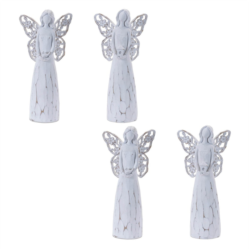 HomeRoots Set of Four White Polyresin Angel Figurines with Floral Wings for Home Decor & Thoughtful Gifts 634142