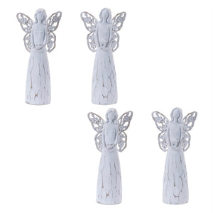 HomeRoots Set of Four White Polyresin Angel Figurines with Floral Wings for Home Decor & Thoughtful Gifts 634142