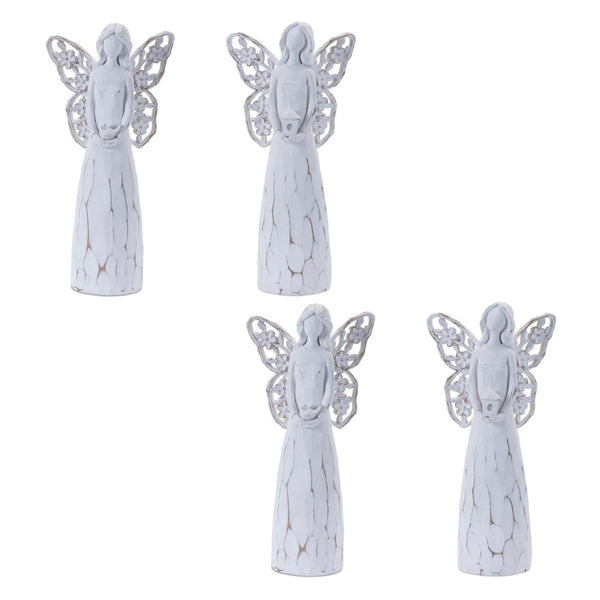 HomeRoots Set of Four White Polyresin Angel Figurines with Floral Wings for Home Decor & Thoughtful Gifts 634142