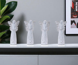 HomeRoots Set of Four White Polyresin Angel Figurines with Floral Wings for Home Decor & Thoughtful Gifts 634142