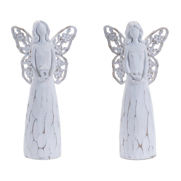 HomeRoots Set of Four White Polyresin Angel Figurines with Floral Wings for Home Decor & Thoughtful Gifts 634142