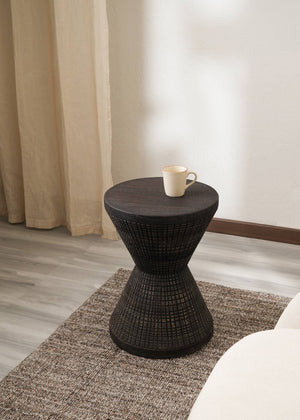 HomeRoots 22" Handcrafted Black Distressed Solid Wood Drum End Table - Rustic Charm for Any Space! 634154