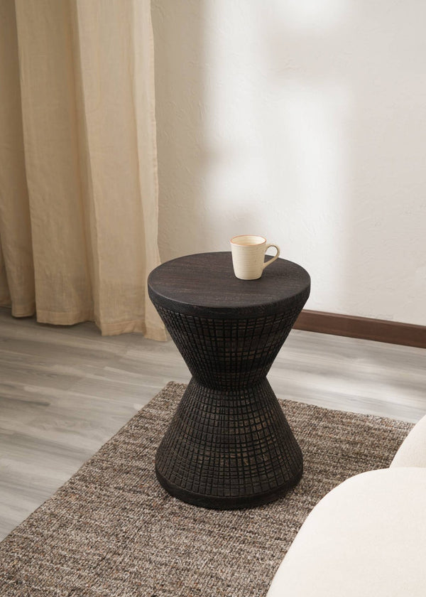 HomeRoots 22" Handcrafted Black Distressed Solid Wood Drum End Table - Rustic Charm for Any Space! 634154