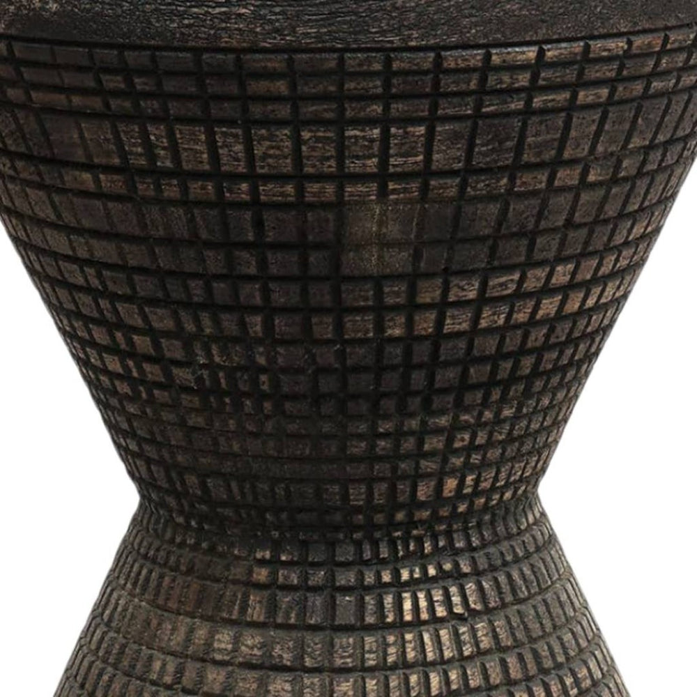 HomeRoots 22" Handcrafted Black Distressed Solid Wood Drum End Table - Rustic Charm for Any Space! 634154