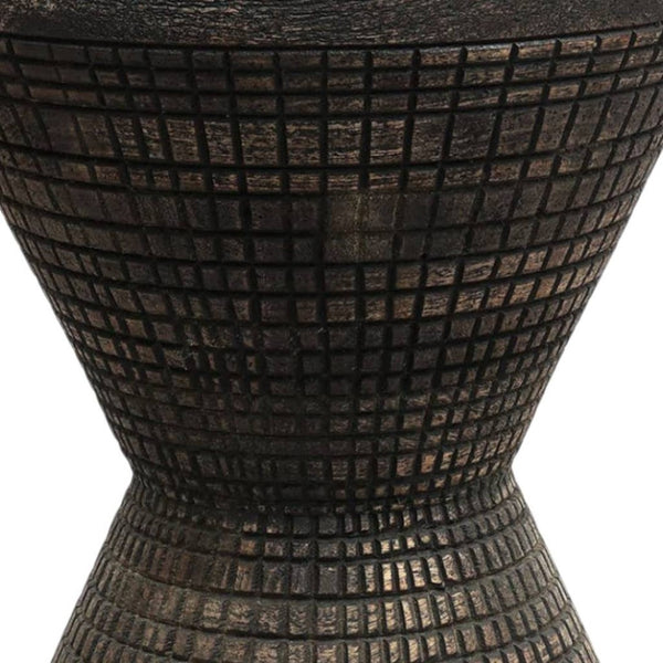 HomeRoots 22" Handcrafted Black Distressed Solid Wood Drum End Table - Rustic Charm for Any Space! 634154