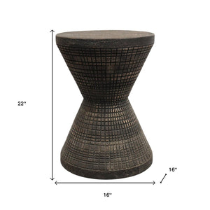 HomeRoots 22" Handcrafted Black Distressed Solid Wood Drum End Table - Rustic Charm for Any Space! 634154