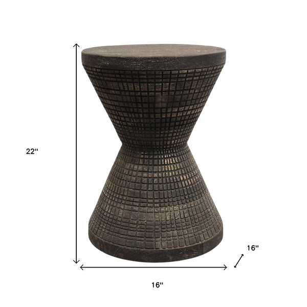 HomeRoots 22" Handcrafted Black Distressed Solid Wood Drum End Table - Rustic Charm for Any Space! 634154