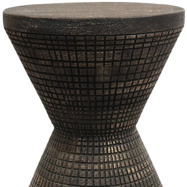 HomeRoots 22" Handcrafted Black Distressed Solid Wood Drum End Table - Rustic Charm for Any Space! 634154