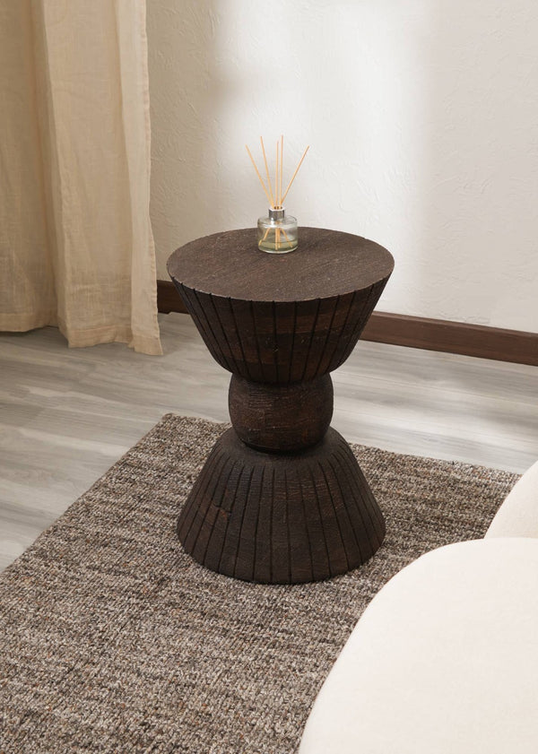 HomeRoots 22" Rustic Drum End Table - Handcrafted Solid Mango Wood, Distressed Finish, Versatile for Any Space 634155