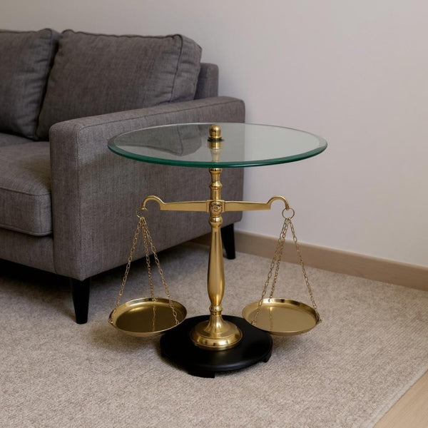 HomeRoots 24" Clear Tempered Glass End Table with Gold Libra Scales Base - Modern, Stylish & Functional Decor 634156