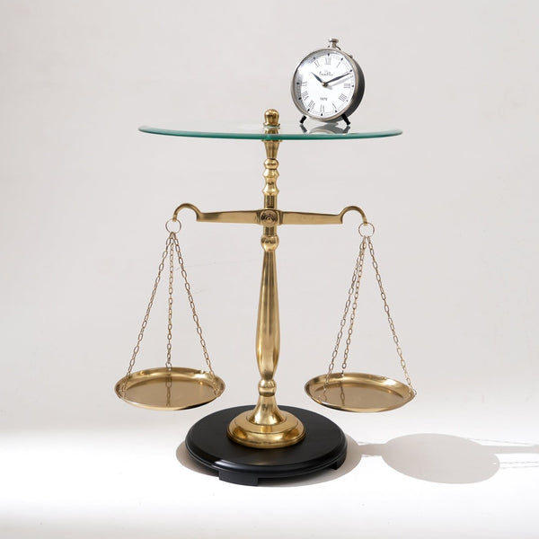 HomeRoots 24" Clear Tempered Glass End Table with Gold Libra Scales Base - Modern, Stylish & Functional Decor 634156