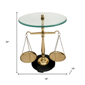 HomeRoots 24" Clear Tempered Glass End Table with Gold Libra Scales Base - Modern, Stylish & Functional Decor 634156