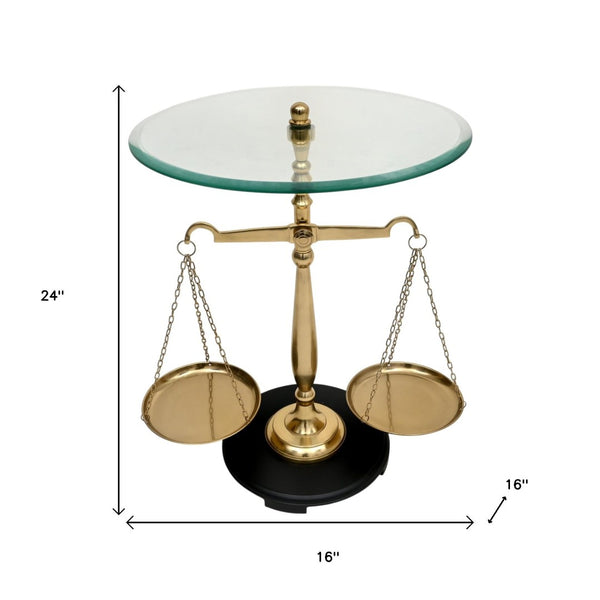 HomeRoots 24" Clear Tempered Glass End Table with Gold Libra Scales Base - Modern, Stylish & Functional Decor 634156