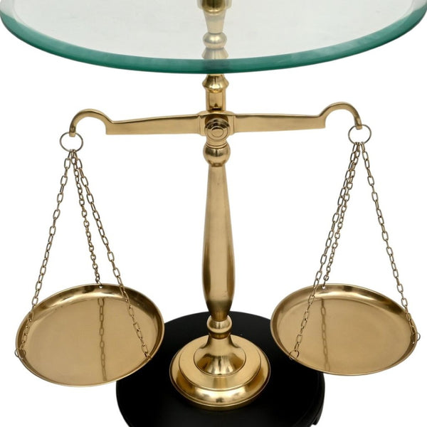 HomeRoots 24" Clear Tempered Glass End Table with Gold Libra Scales Base - Modern, Stylish & Functional Decor 634156
