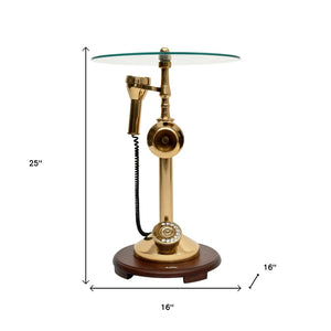 HomeRoots 25" Clear and Gold Vintage-Style Glass Top End Table with Unique Telephone Base for Glamorous Spaces 634157