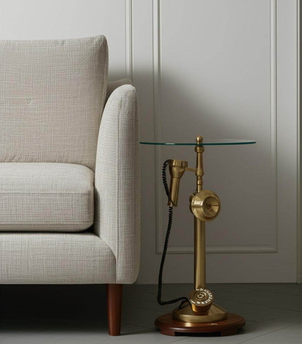 HomeRoots 25" Clear and Gold Vintage-Style Glass Top End Table with Unique Telephone Base for Glamorous Spaces 634157