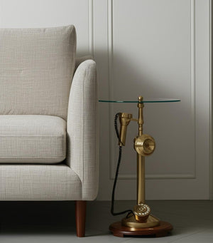 HomeRoots 25" Clear and Gold Vintage-Style Glass Top End Table with Unique Telephone Base for Glamorous Spaces 634157