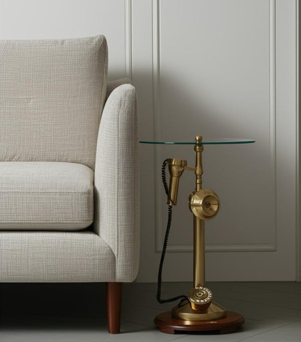 HomeRoots 25" Clear and Gold Vintage-Style Glass Top End Table with Unique Telephone Base for Glamorous Spaces 634157