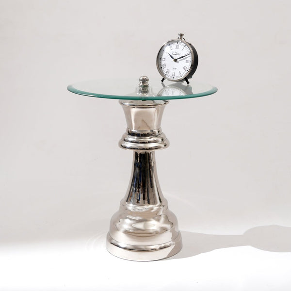 HomeRoots 21" Clear Glass & Silver Aluminum Chess Queen End Table – Modern Accent for Any Space, Versatile Use 634158