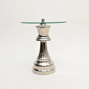 HomeRoots 21" Clear Glass & Silver Aluminum Chess Queen End Table – Modern Accent for Any Space, Versatile Use 634158