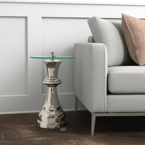 HomeRoots 21" Clear Glass & Silver Aluminum Chess Queen End Table – Modern Accent for Any Space, Versatile Use 634158
