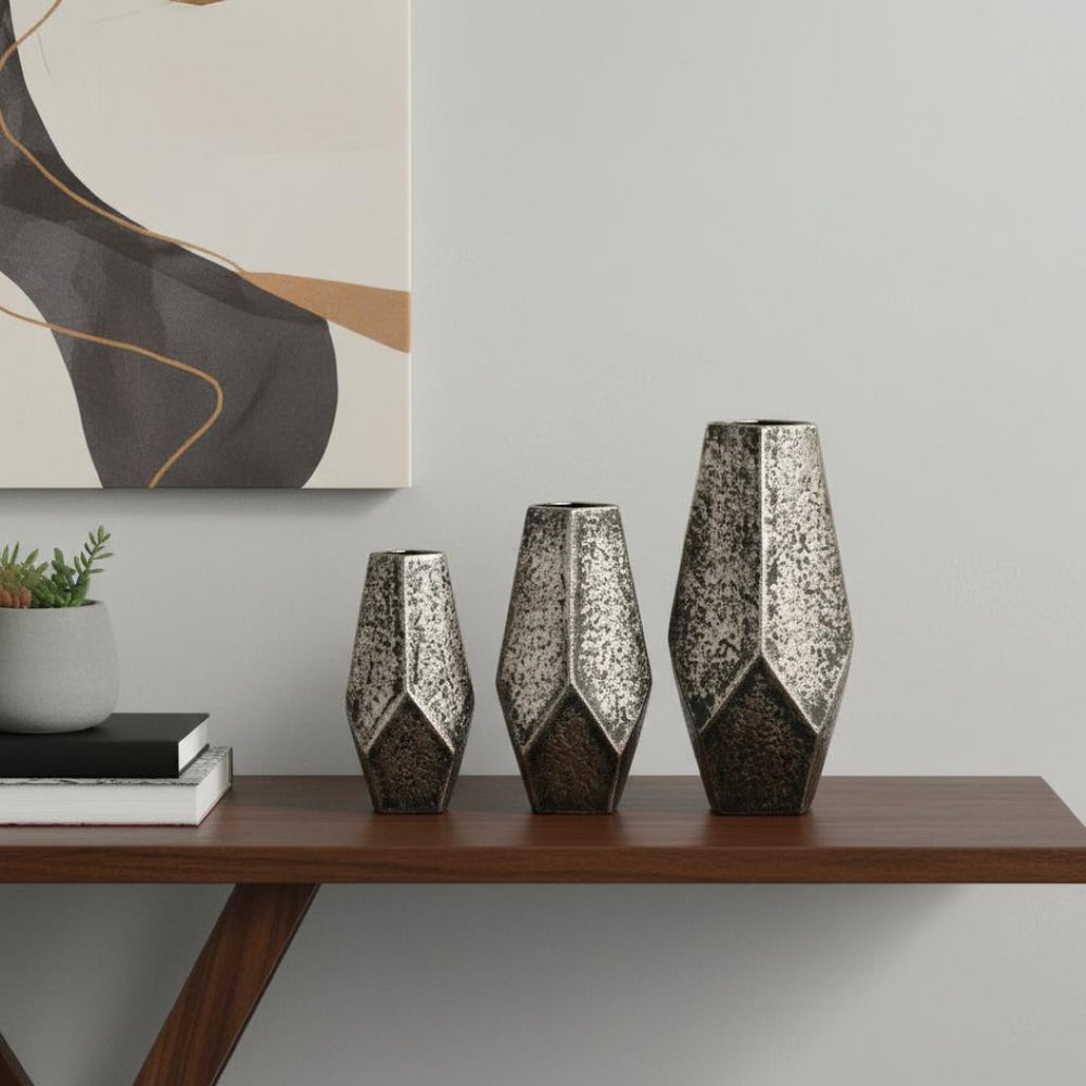 HomeRoots Set of Three Antiqued Silver Aluminum Urn Vases - Timeless Charm for Elegant Home Décor Accents 634168
