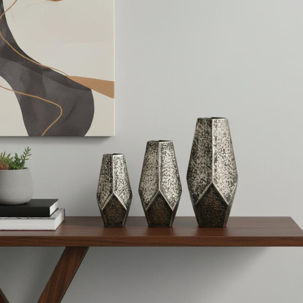 HomeRoots Set of Three Antiqued Silver Aluminum Urn Vases - Timeless Charm for Elegant Home Décor Accents 634168