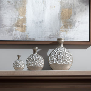 HomeRoots Set of Three Distressed Silver and White Aluminum Oval Vases for Modern Home Decor and Gifts 634173