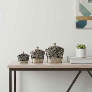 HomeRoots Set of Three Black and Silver Abstract Aluminum Urn Vases for Stylish Home Décor and Floral Displays 634174