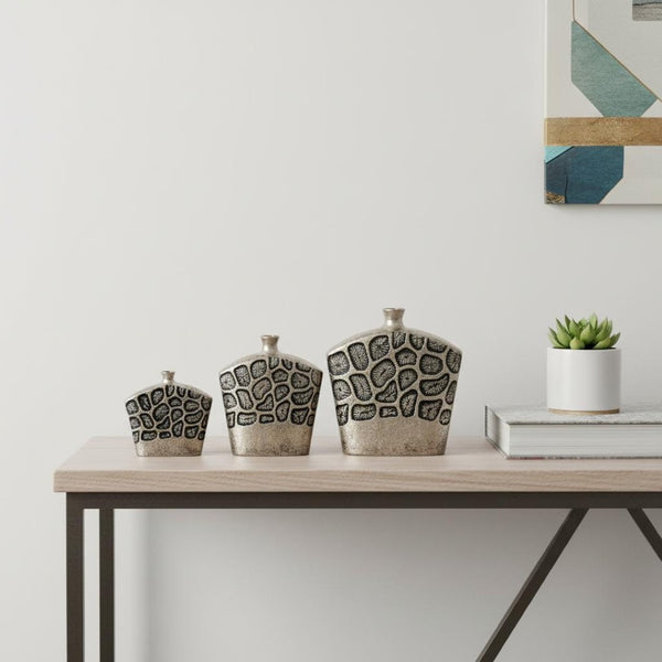HomeRoots Set of Three Black and Silver Abstract Aluminum Urn Vases for Stylish Home Décor and Floral Displays 634174