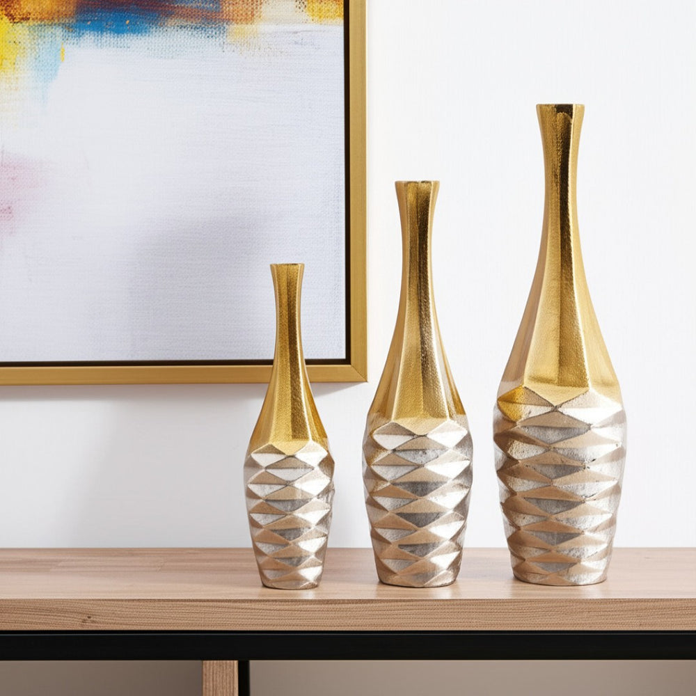 HomeRoots Set of Three Elegant Gold Aluminum Urn Vases – Vintage-Inspired Decor for Any Home Style 634176