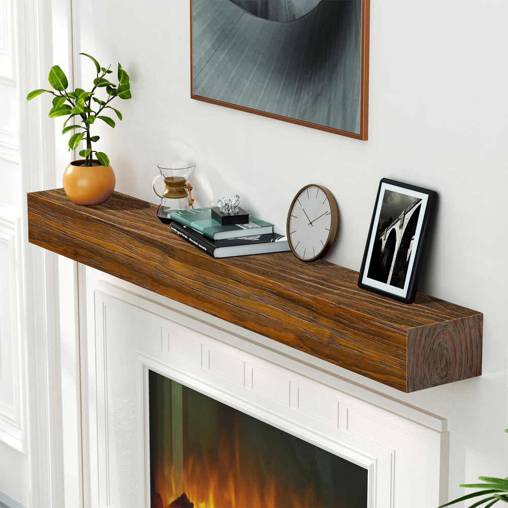 English Elm Fireplace Mantel - 74" Handcrafted Solid Pine Floating Shelf, Dark Chocolate Finish For Stylish Display T3210P391500