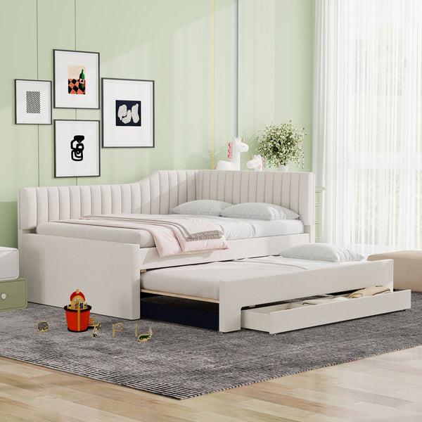 English Elm Full Upholstered Daybed with Trundle and Three Drawers, Linen-Blend Fabric, Space-Saving Guest Bed, Storage-Friendly Design Beige DL002058AAA